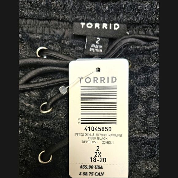 TORRID BLACK Babydoll Short Sleeve Chenille Lace SquareβNeck Blouse Plus Siz2X - Picture 14 of 16